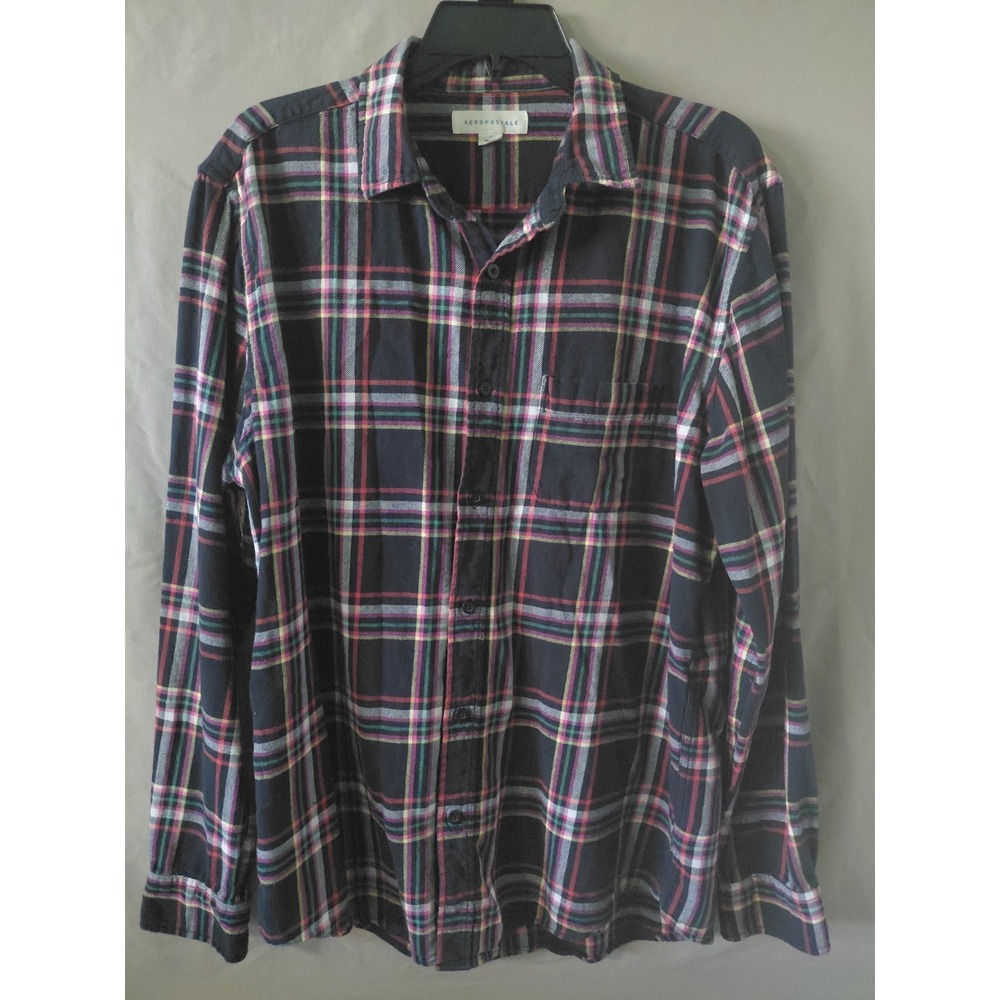 Aeropostale Mens Large Black Pink Plaid Flannel Long Sleeve Button Down Shirt